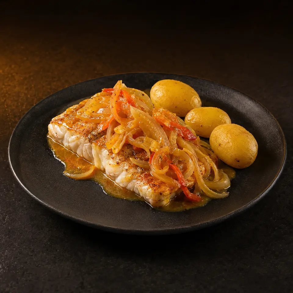 Pescado Encebollado con Papas